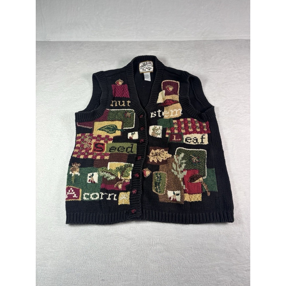 Vintage Heirloom Collectibles Womens Large Fall Sweater Vest Black Beaded VTG